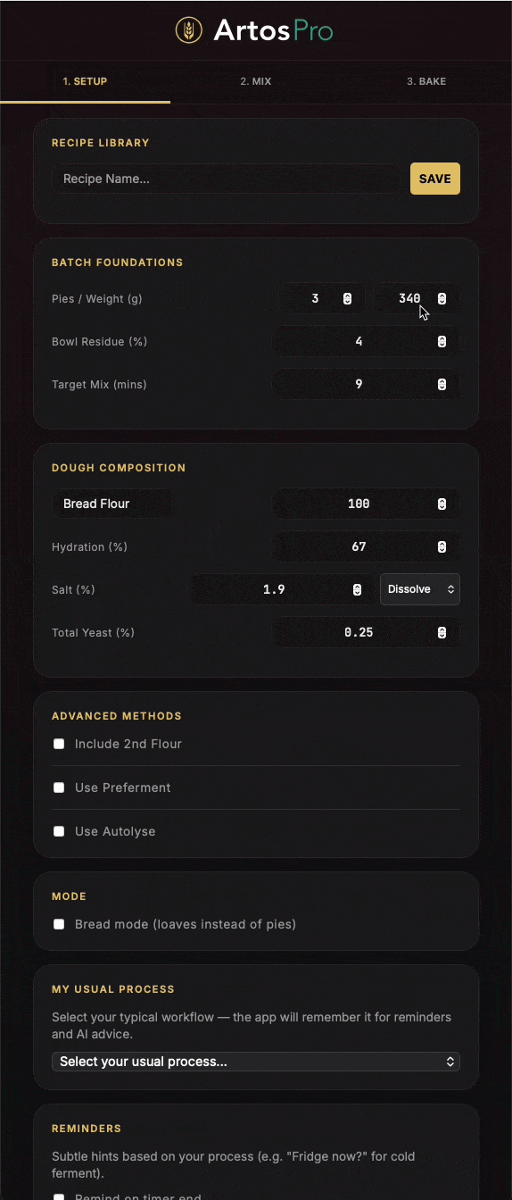 Artos Pro app: Setup screen with recipe library, batch foundations, dough composition, and workflow tabs
